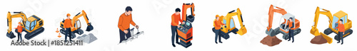 Detailed Isometric Construction Worker with Excavator Machinery Industry Illustration