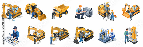 Isometric Detailed Construction Equipment Repair Illustration Set with Workers and Tools