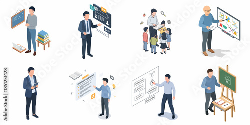 Isometric Illustration Set of Teacher Explaining Lessons to Students Collection