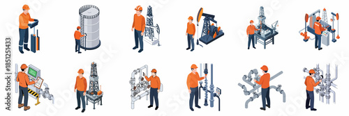 Isometric Professional Oil Industry Worker Occupation and Industrial Equipment Illustrations Set