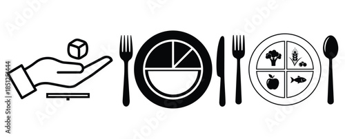 Black silhouette portion size guide modern vector icon set on transparent background