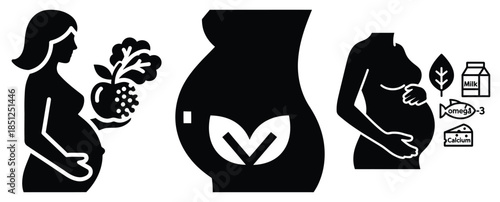 Black silhouette prenatal nutrition icon modern vector icon set on transparent background