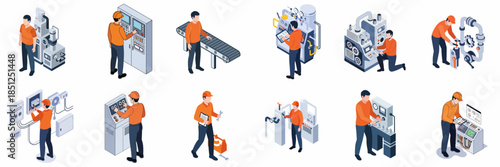 Isometric Detailed Factory Worker Characters Operating Machinery And Manufacturing Equipment Icons