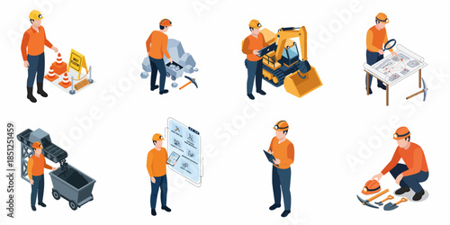 Isometric Professional Construction Worker Set Various Activities Industry Illustration