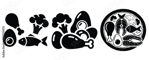 Black silhouette protein rich meal modern vector icon set on transparent background