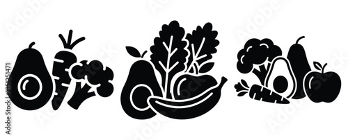 Black silhouette raw food diet modern vector icon set on transparent background