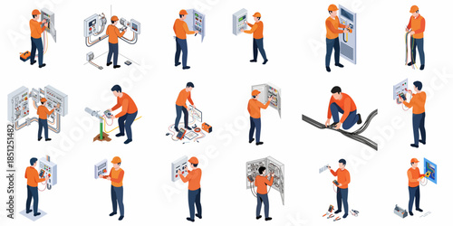 Isometric Detailed Electrical Panel Maintenance And Installation Activities Illustration Set