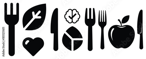 Black silhouette smart eating lifestyle modern vector icon set on transparent background
