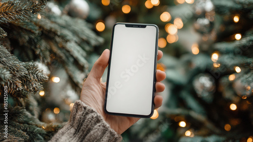 mano de mujer con jersey de lana gris sosteniendo teléfono movil con pantalla en blanco para publicidad sobre fondo de iluminacion navideña desenfocada y arbol de navidad