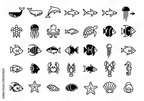 A collection of various ocean creatures and sea life illustrations in black and white