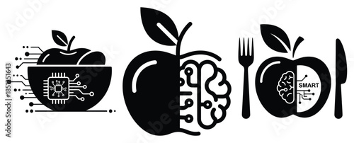 Black silhouette smart food nutrition modern vector icon set on transparent background