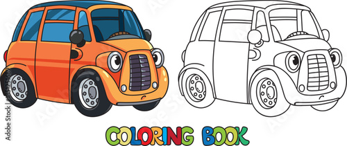 Small retro car with eyes. Funny coloring book
