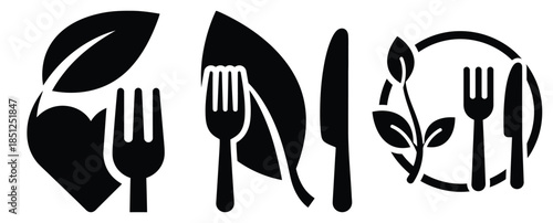 Black silhouette sustainable healthy eating modern vector icon set on transparent background