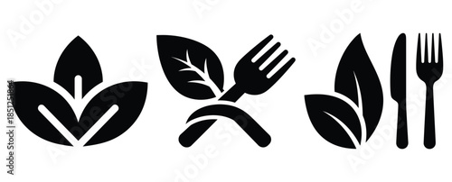 Black silhouette vegetarian diet sign modern vector icon set on transparent background