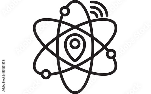 Minimalist atom illustration with orbiting electrons on transparent background silhouette