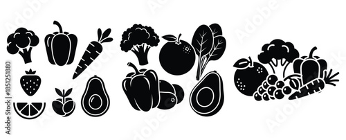 Black silhouette vitamin rich food modern vector icon set on transparent background