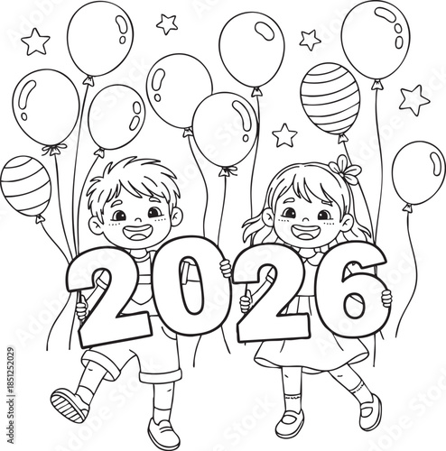 balloons,celebration,new,year,children,black,white,lineart,background,party,holiday,festive,kids,cartoon,outline,minimal,simple,doodle,illustration,vector,sketch,decoration,cheerful,playful,birthday,e