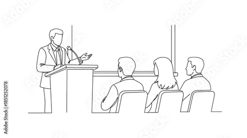 A speaker presenting to a small audience in a classroom or lecture hall setting