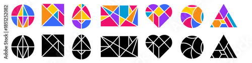 A vibrant collection of colorful and black tangram shapes for creative and educational purposes.