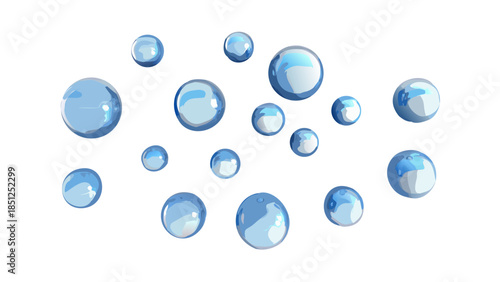 Abstract illustration of numerous clear blue bubbles floating against a white background