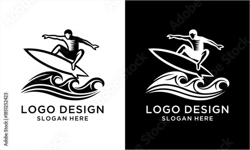 Dynamic Surfer Riding a Wave Logo Design in Monochrome Style.