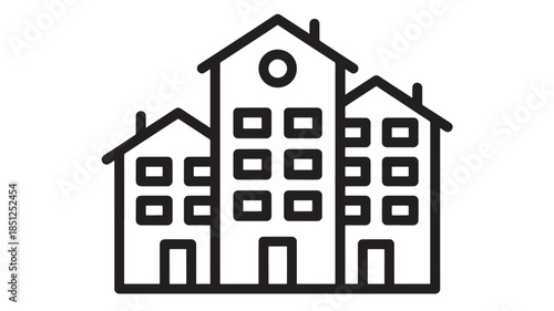 Simple line art building icon with multiple windows on transparent background silhouette