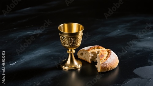 Golden Chalice and Fresh Bread Symbolizing Communion and Tradition in a Dark Setting