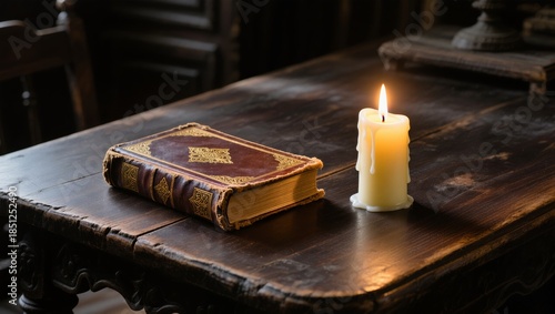 Antique book resting on a wooden table next to a glowing candle in a dark room