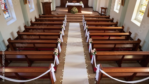 Beautifully Decorated Church Interior with Aisle and Floral Arrangements