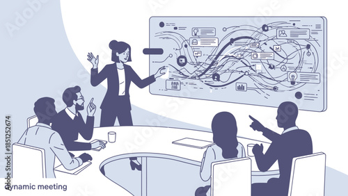 Business team brainstorming strategy session with visual data on screen