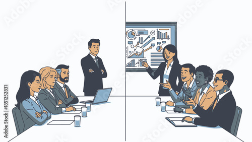 Team meeting with business presentation on chart graphs and brainstorming session