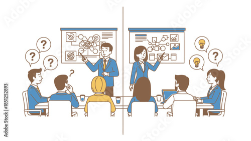 Two sides presentation with confusion and success in a business meeting