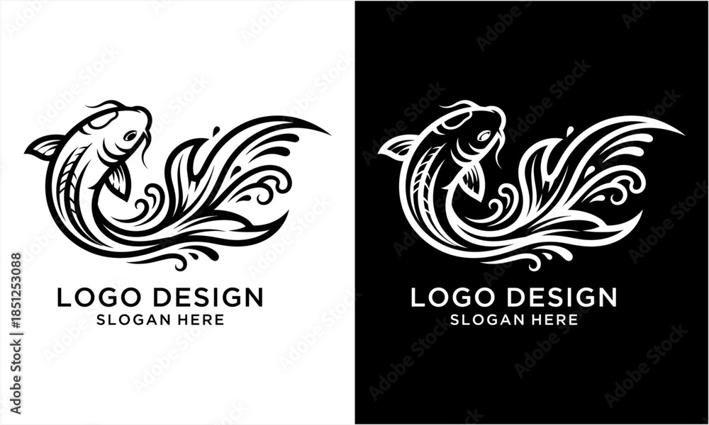 Fototapeta premium Elegant Koi Fish Logo Design with Flowing Water Elements.