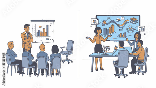 Business meeting illustrations teamwork conference marketing chart report
