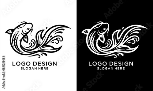 Elegant Koi Fish Logo Design with Flowing Water Elements.