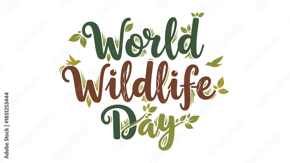 Naklejka premium World Wildlife Day decorative lettering with leaves and nature theme 