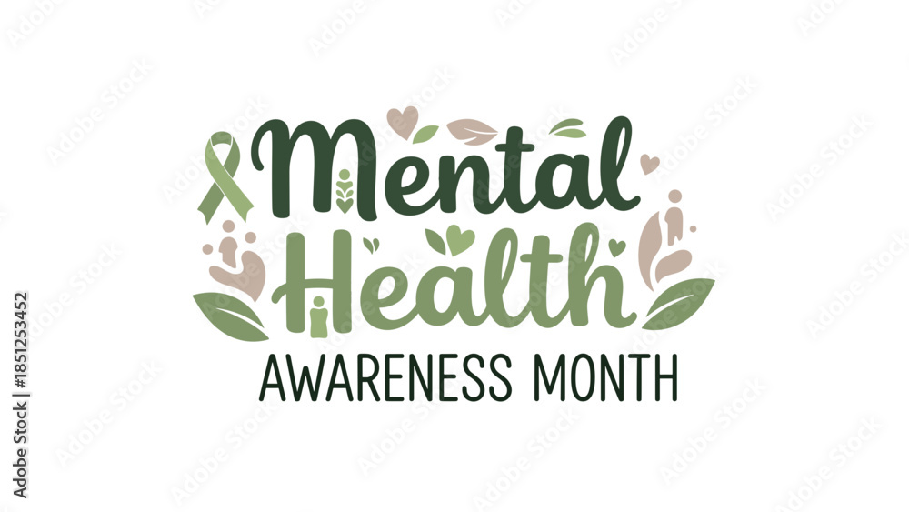 Naklejka premium Mental Health Awareness Month logo with green ribbon and flowers 