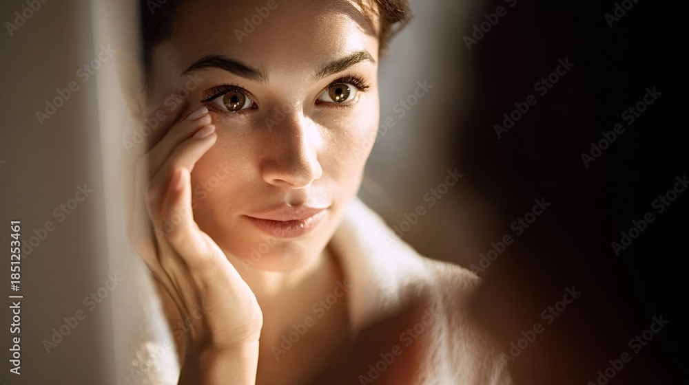 Naklejka premium Woman standing in a bathroom, gently touching her skin and checking her reflection in a mirror, focusing on skincare and self care during a morning routine with natural light