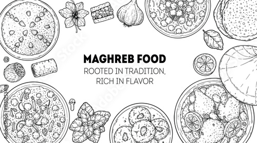 Maghrebi cuisine top view vector illustration. Food menu design template. Hand drawn sketch. Maghreb food menu. Vintage style. Vector drawing illustration.