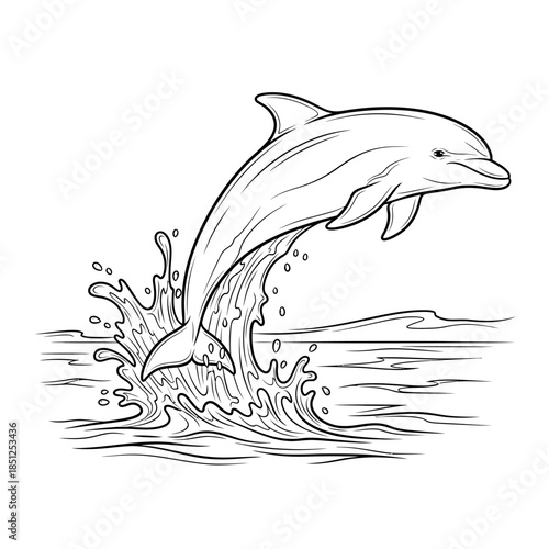 Dolphin leaping through water with waves splashing