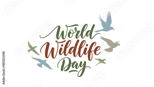 World Wildlife Day graphic design with colorful birds and lettering  