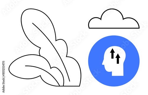 Human creativity concept. Human head with upward arrows for innovation and growth. Paired with minimalistic leaves and cloud icons. For tech progress, sustainability, nature, startups, brainstorming