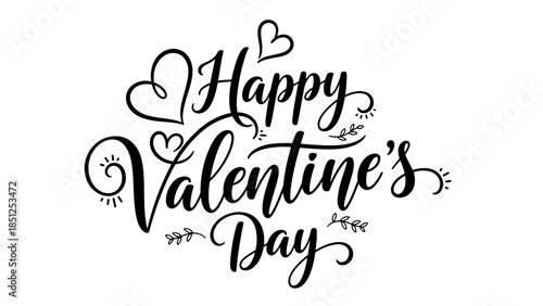 Happy Valentine’s Day greeting with decorative hearts and flourishes  