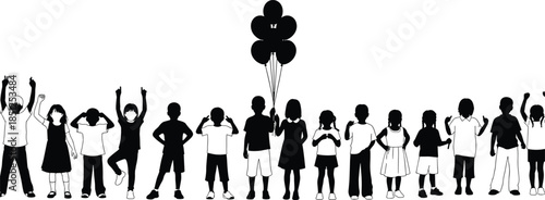 Children celebration silhouette, expressive group pose, balloon gesture, black white vector, playful interaction, joyful posture illustration art