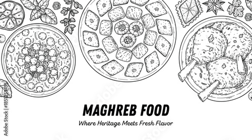 Maghrebi cuisine top view vector illustration. Food menu design template. Hand drawn sketch. Maghreb food menu. Vintage style. Vector drawing illustration.
