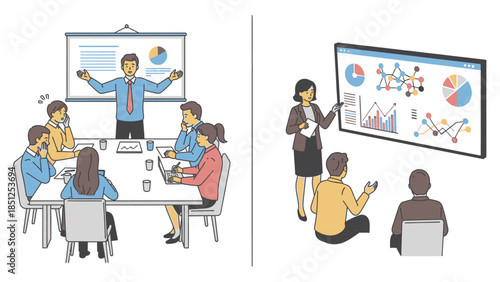 Business presentations in a meeting conference with financial data showing on screen