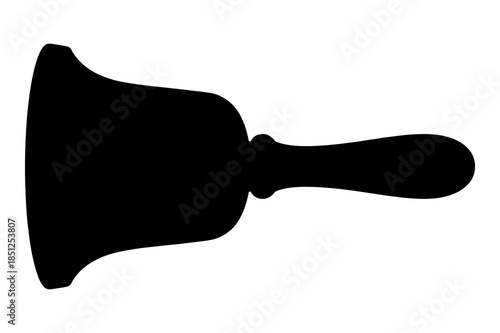 Simple black silhouette graphic icon of a classic hand held school or service bell ready for ringing