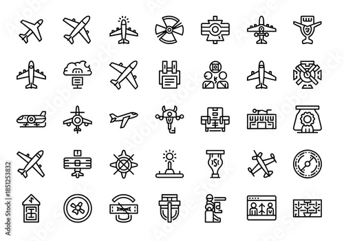 Collection of simple black and white icons representing various symbols and objects on a white background