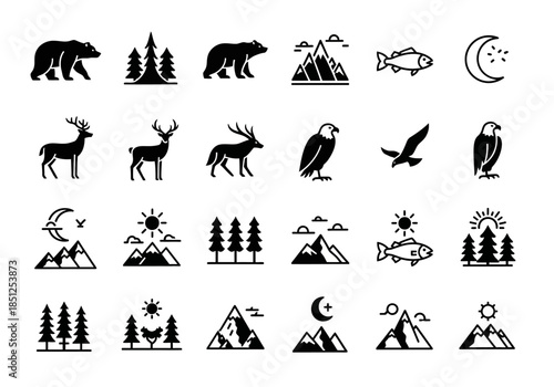 Collection of various wildlife and nature elements in minimalist black silhouettes against a white background