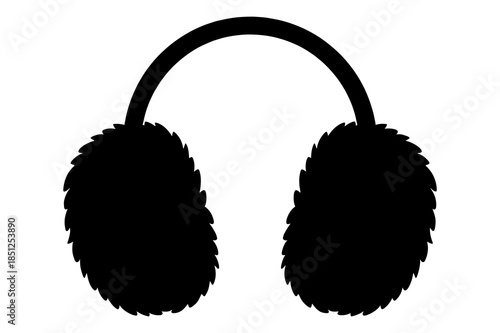 Simple black silhouette icon of fuzzy winter earmuffs providing warmth for cold weather protection